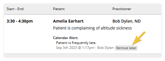 How do I remove a label from a note on the daily schedule printout - shows the 'Remove Label' button next to a note on the daily schedule printout. 